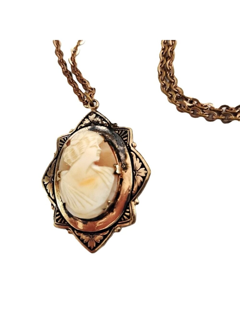Antique Shell Cameo Gold Photo Locket Necklace On Long Chain